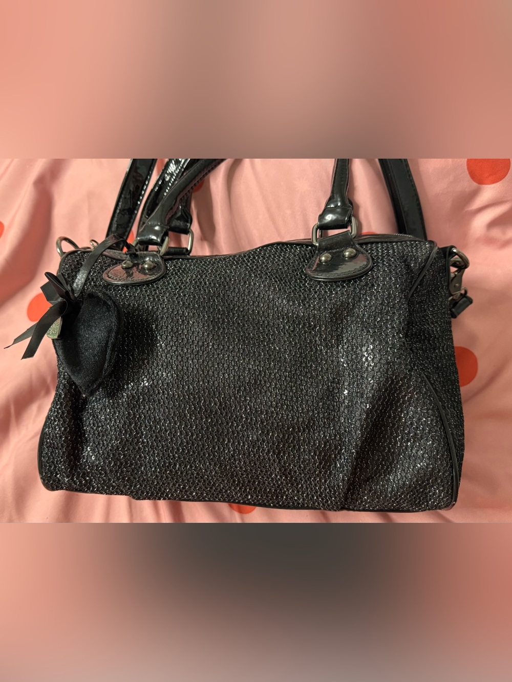 Betsey Johnson Black Sparkle Shoulder Bag with Patent Handles